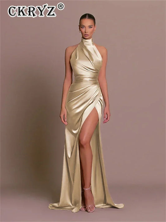 Ladies Summer Satin Evening Birthday Party Dresses Women Sleeveless Backless Halter Side Slit Elegant Long Dress Mowan Clothes